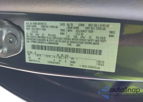 2020 Ford Escape Se z USA, uszkodzony, nr VIN 1FMCU9G61LUB64558